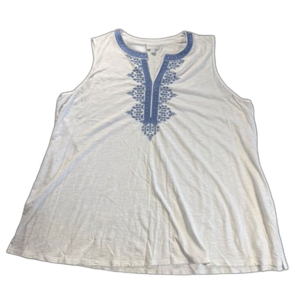 J Jill Womens 3X Embroidered Tunic Tank White Blue Sleeveless Plus Size